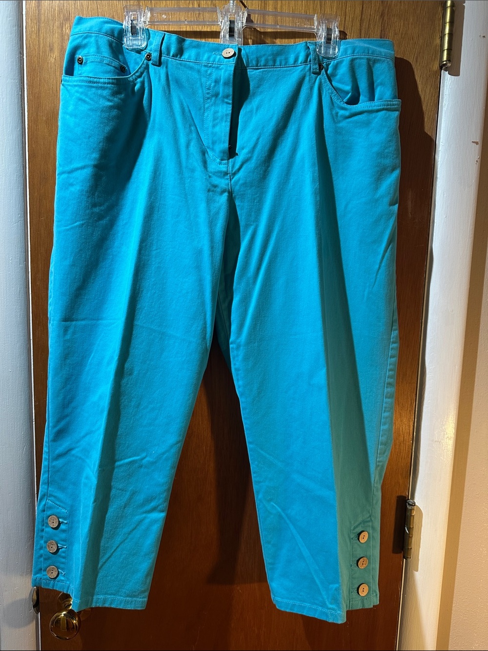 Ruby Rd. Bright Turquoise Cropped Button-Hem Pants - Picture 4 of 6